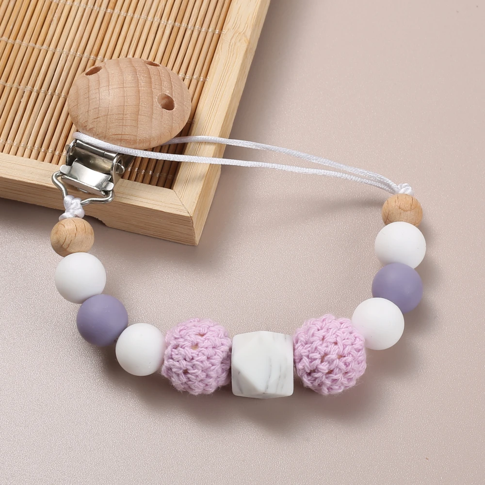 Beech Wood Dummy Holder Clips Wooden Crochet Ball Silicone Beaded Baby Pacifier Chain Food Grade Appease Nipple Chain Care Toy