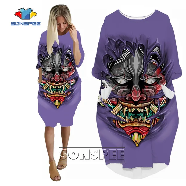 SONSPEE Horror Mask Custom Name Funny 3D Printing Hip Hop Women s Dress Pattern Skirt Street Hip-hop Style Long Sleeve Gown