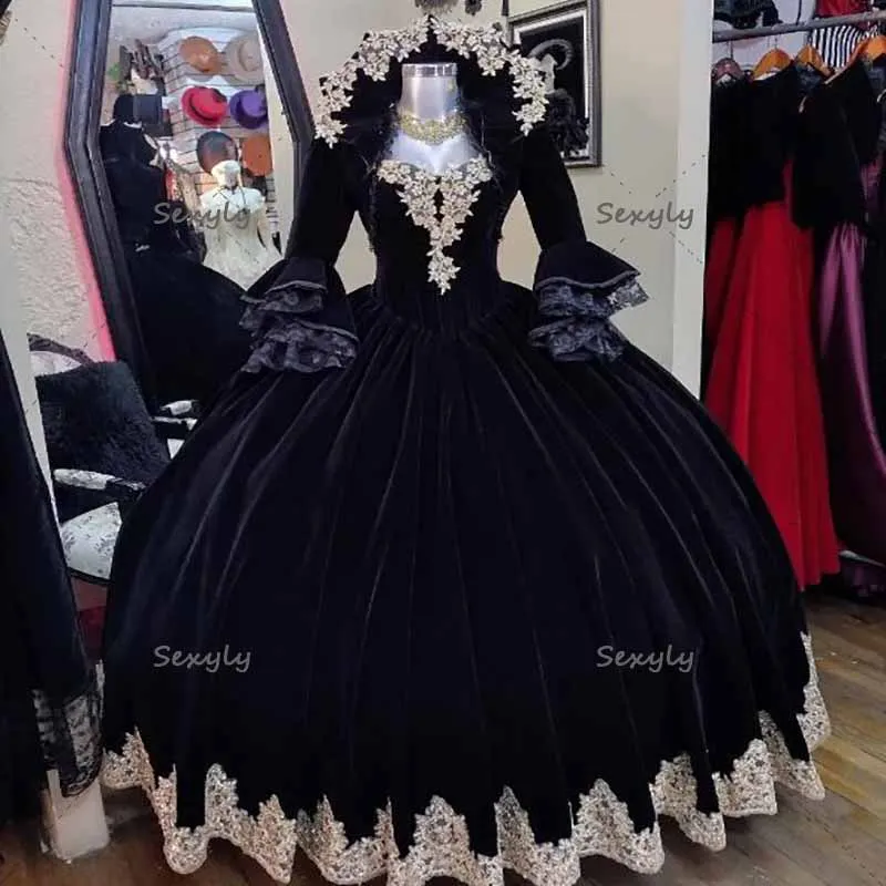 Abito da sposa gotico vittoriano in velluto nero 2023 con giacca manica a sbuffo in pizzo abiti
