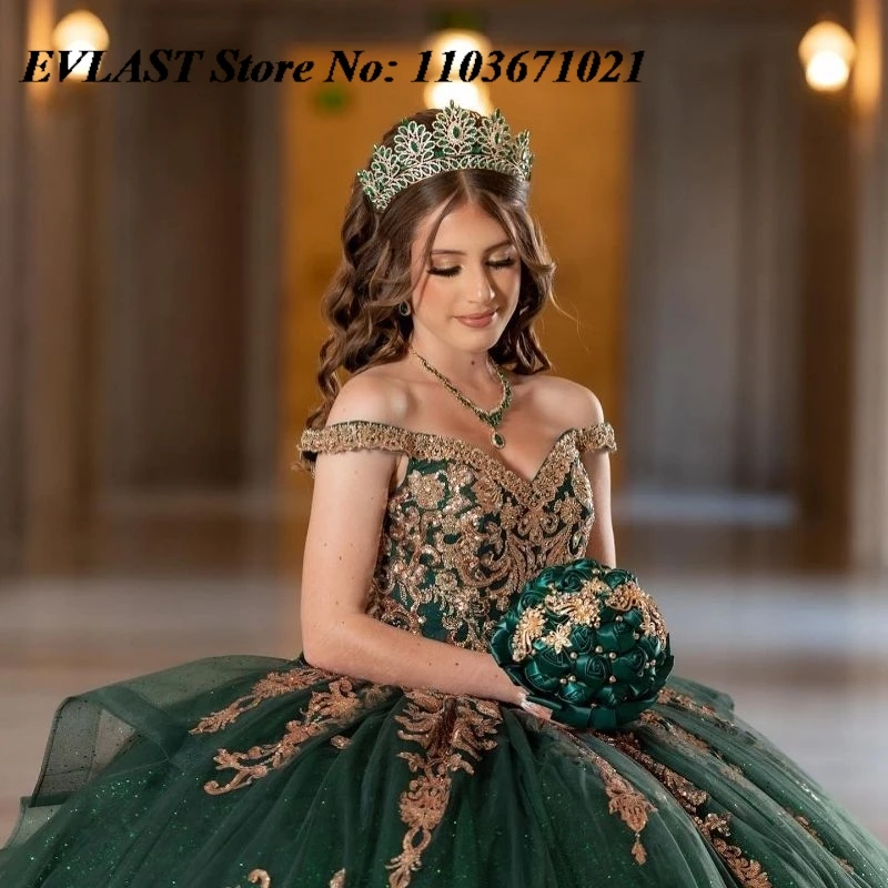 EVLAST Emerald Green Quinceanera Dress Ball Gown Gold Lace Applique Beading Tiered With Bow Sweet 16 Vestidos De XV 15 Anos SQ6