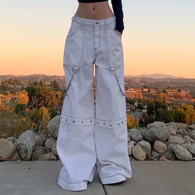 Harajuku Gothic White Cargo Pants With 