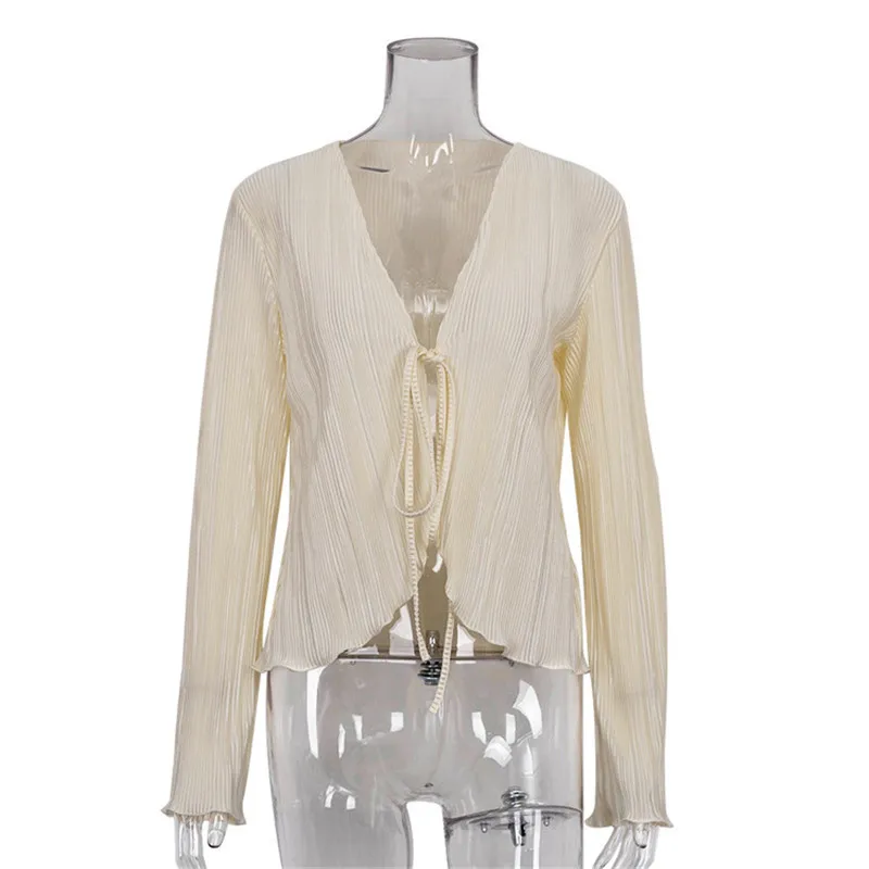 Women Blouse Shirts 2024 New Summer Sexy Spicy Girl Top Slim Fit Speaker Long Sleeved Pleated Shirt Women's French Style