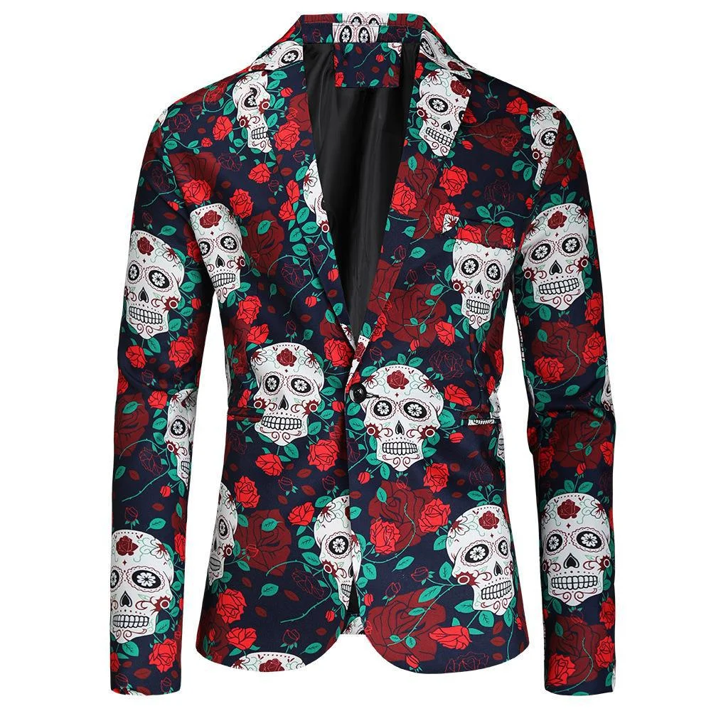 thumbnail image 1 of Gorro navideño de anime para hombre, chaqueta azul y roja, divertido árbol de Navidad, muñeco de nieve, estampado, blazer de un botón, frente abierto, trajes de trabajo de oficina para negocios, 1 of 5
