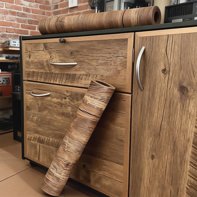 กระดาษติดผนังลายไม้สีน้ำตาล วอลเปเปอร์ลายไม้ ฟิล์มไวนิลแบบลอกออกได้ ติดง่าย สำหรับเฟอร์นิเจอร์ ตู้ครัว 1