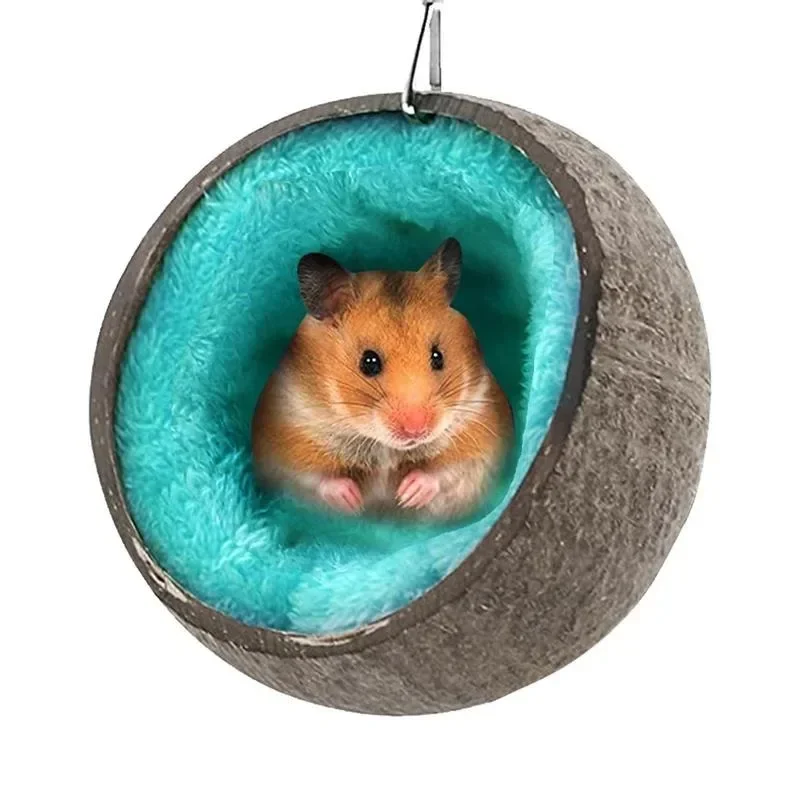 Hamster Coconut Shell Hanging Hammock Nest Bed Hideout with Stand Cage Accessories for Small Animals Golden Bear Sugar Glider