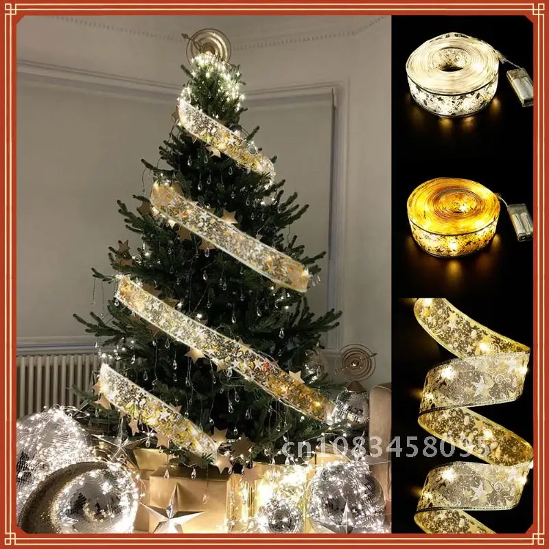 

50 LED 5M Double Layer Fairy Lights Strings Christmas Ribbon Bows With LED Christmas Tree Ornaments New Year Navidad Home Decor