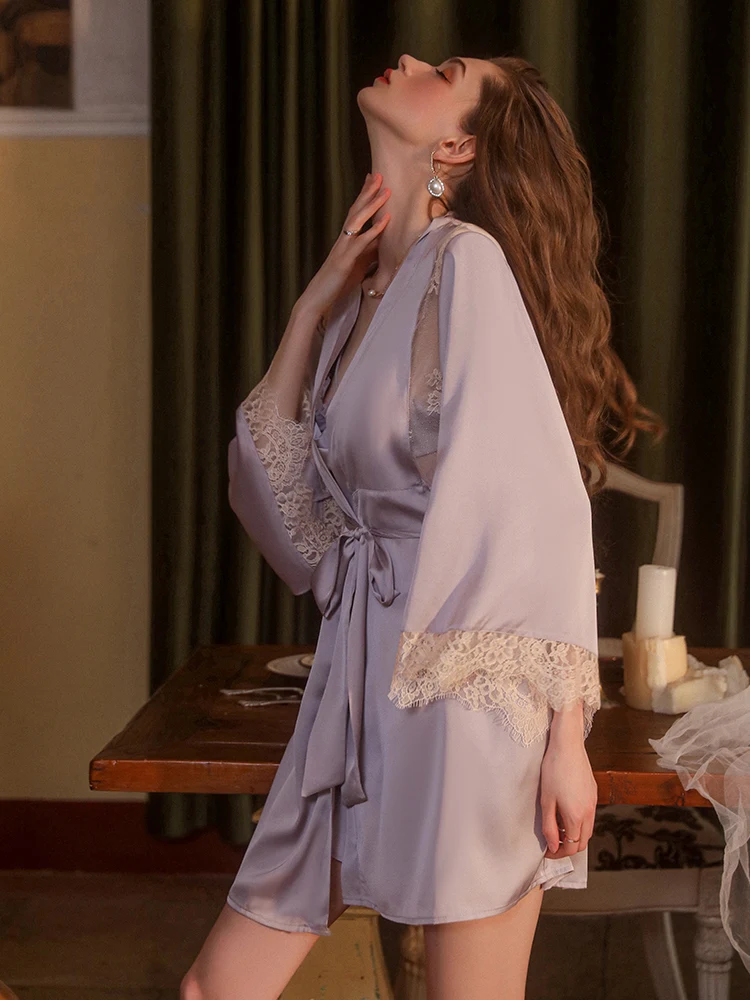 Lace Bathrobe Nightdress Summer Sleepwear Wedding Night Dress Robe with Belt Women Sexy Silk Nightgown Robes Set 14 S2c510bc1332b4303a8dd1e1e5d4ff6e5M