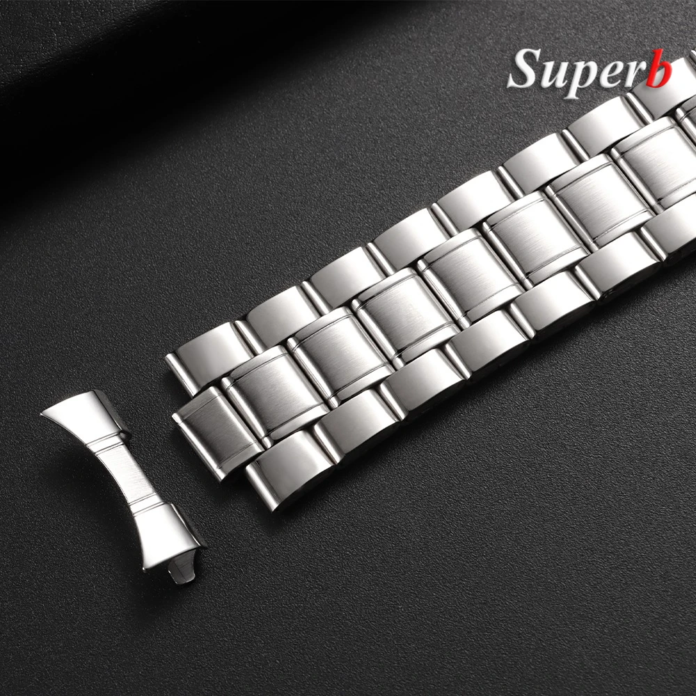 Curved End Stainless Steel Watchband with Folding Buckle - Men's Bracelet