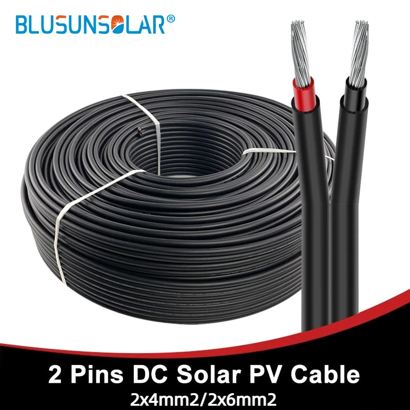 10 Meters 2 Pins Double Core 2x4/2x6MM2 Solar Cable Black PV Wire Copper Conductor XLPE Jacket Photovoltaic Panel Connection