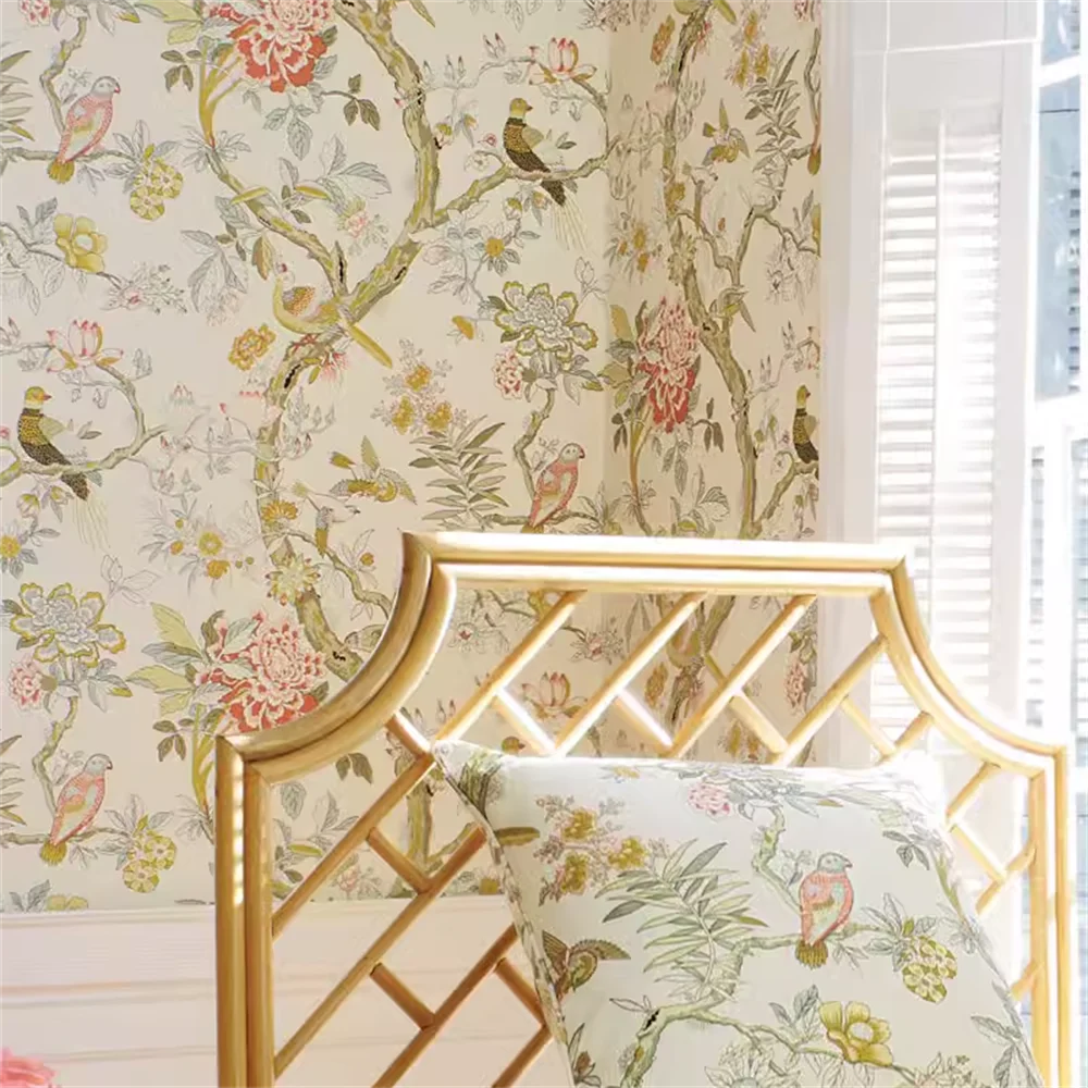 Papel de Parede Personalizado de Flores e Pássaros Mural de Arte Videiras Quarto Decoração do Quarto Adesivo de Parede Impermeável