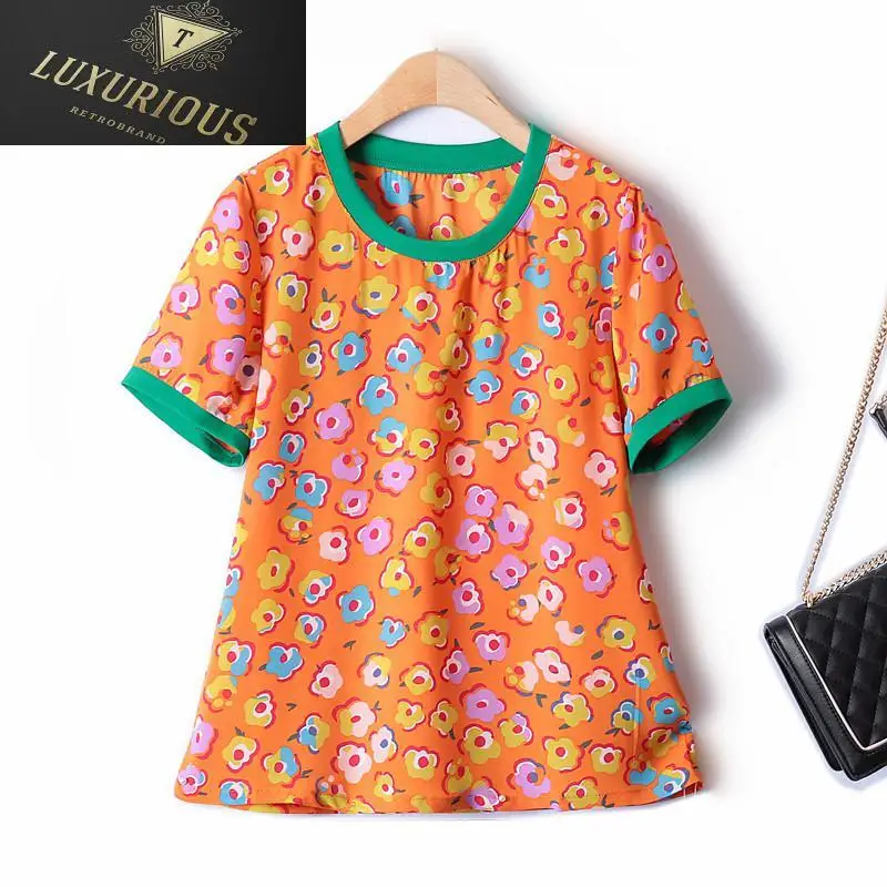 

Tops Women 2024 New Korean Fashion Flower Pattern Thin Loose Chiffon Short-sleeved Summer Oversized Woman T-shirts 4XL