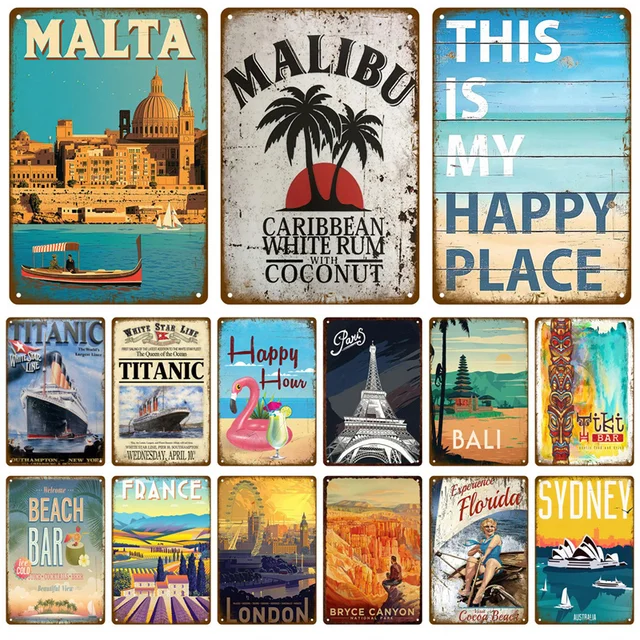 Vintage Summer Beach Metal Signs Famous City Landscape Poster Tin Sign Plate Retro Wall Art Decor For Living Room Home Seaside