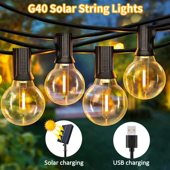 태양광 스트링 야외 파티오 조명, G40 파티오 조명, IP65 방수, USB 충전, 정원, 뒤뜰 베란다 파티용 스트링 조명