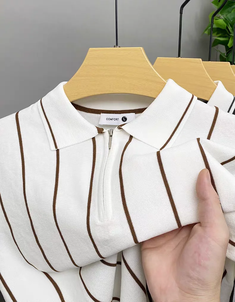 High quality summer knitted short sleeve polo shirt fashion half zipper lapel T-shirt vertical stripes comfort casual men's wear 23 S2c5174d273c94a9db1d3ff66ca654b95y