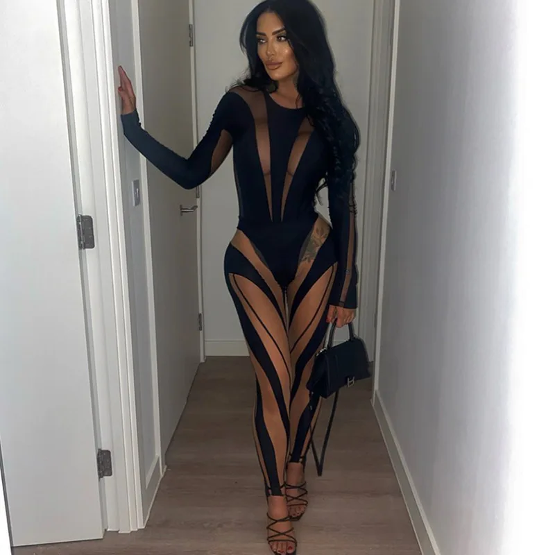 Wind Spring Clothes Women's Clothes New Sexy Mesh See-through Color Contrast Patchwork Tight Long Sleeve Jumpsuit Women men outfit set mesh backless tight tops and shorts two piece set sexy nightclub perspective short sets ropa para hombre