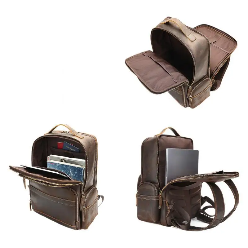 Vintage Crazy Horse Leather Backpack Large Capacity Travel & Laptop Bag for Men