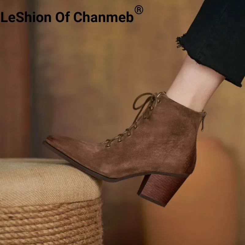 

LeShion Of Chanmeb Women Real Leather Boots Winter Chunky Heel Lace-up Zipper Boot Autumn Mature Woman Pointy Toe Shoes 42 Retro