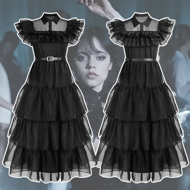 

Wednesday Addams Cosplay Dress for Girl Kids Movie Wednesday Cosplay Costumes Black Gothic Dresses Halloween Party Women Clothes