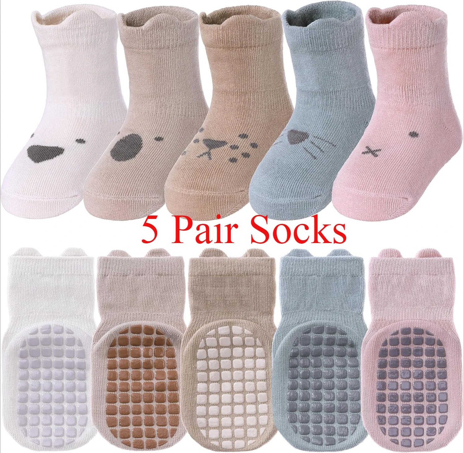 5 Pairs Toddler Non Slip Socks with Grips Baby Socks for Kids Girls Boys Leg Warmers 1