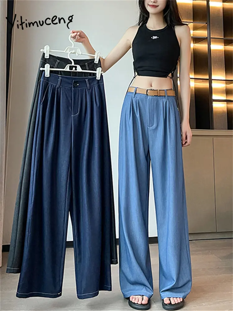 Дънкови панталони с колан Yitimuceng Дамски нови корейски модни офис дамски прави широки панталони Винтидж ежедневни панталони с висока талия Y2k