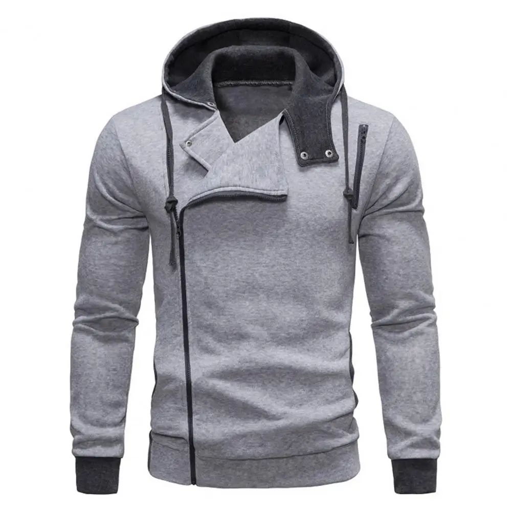 

Oblique Zipper Men Sweatshirt Drawstring Buttoned Color Matching Asymmetric Sweatshirt Spring Casual Sports Hoodie Men Clothing