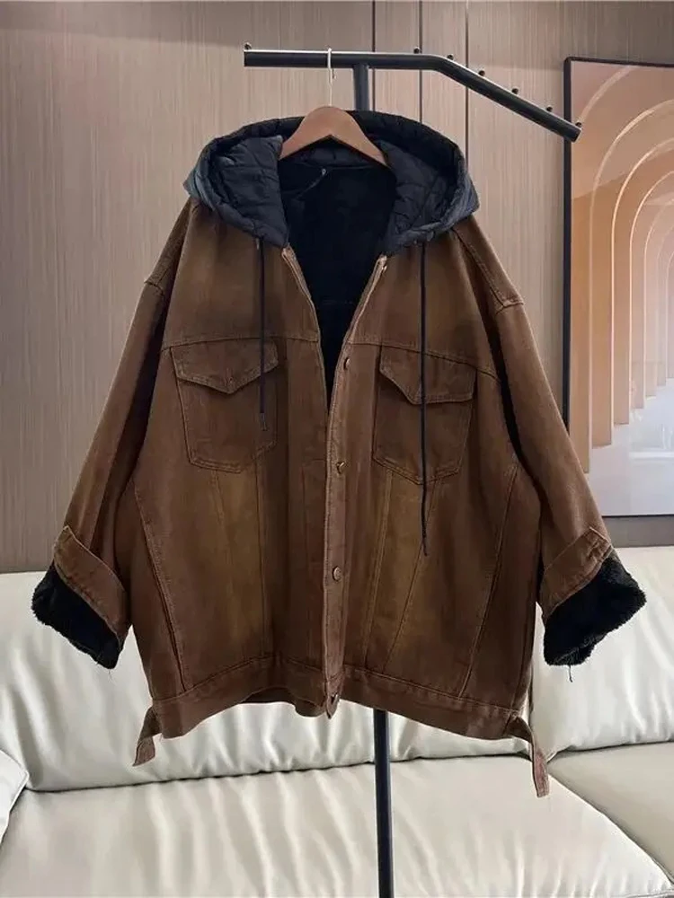 

Thickened Warm Single Breasted Cotton Jacket Women's Winter Hooded And Worn-out Denim Loose Fitting Lamb Wool Streetwear Coat