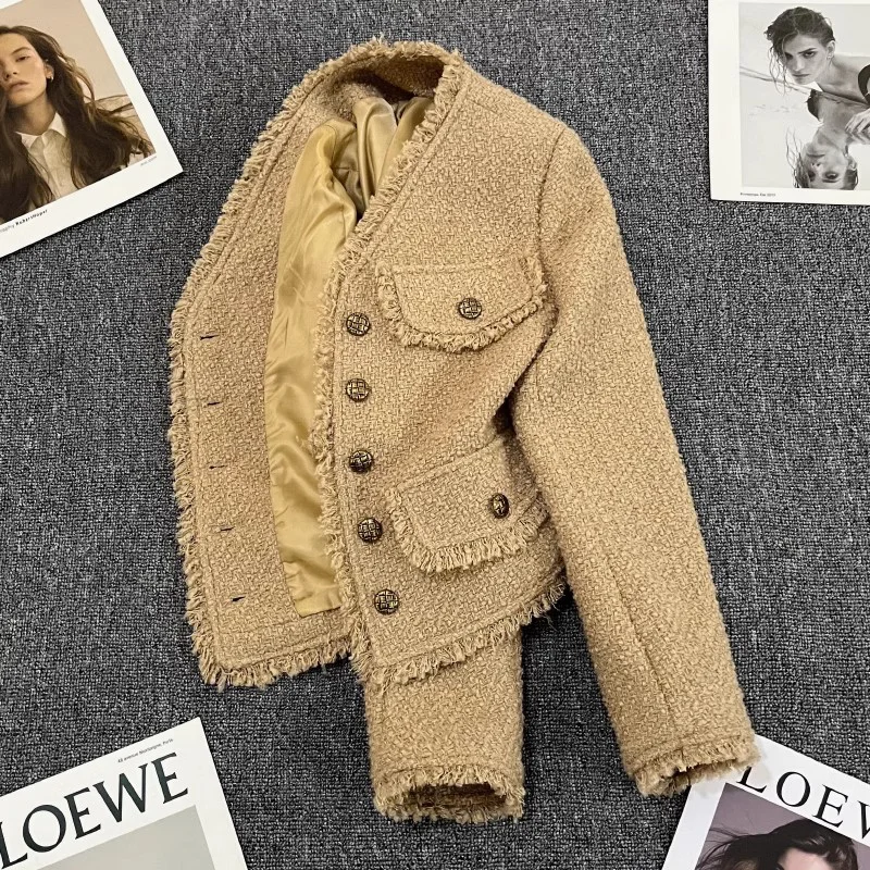 Khaki Small Fragrance Suit Coat Women's Autumn Winter New Casual Loose Basic Tassel French Casual Long Sleeve Ladies Chic Jacket