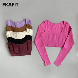 Seamless Yoga Shirts For Women Long Sleeve Ribbed Crop Top Square Neckline Sports Top Female Womens Clothing