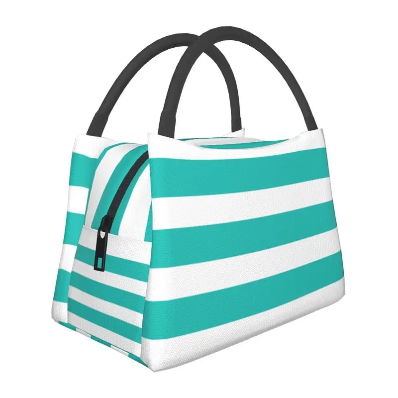 

Bright Light Teal Beach Striped Thermal Insulated Lunch Bag Colorful Geometric Lunch Tote Office Outdoor Storage Meal Food Box