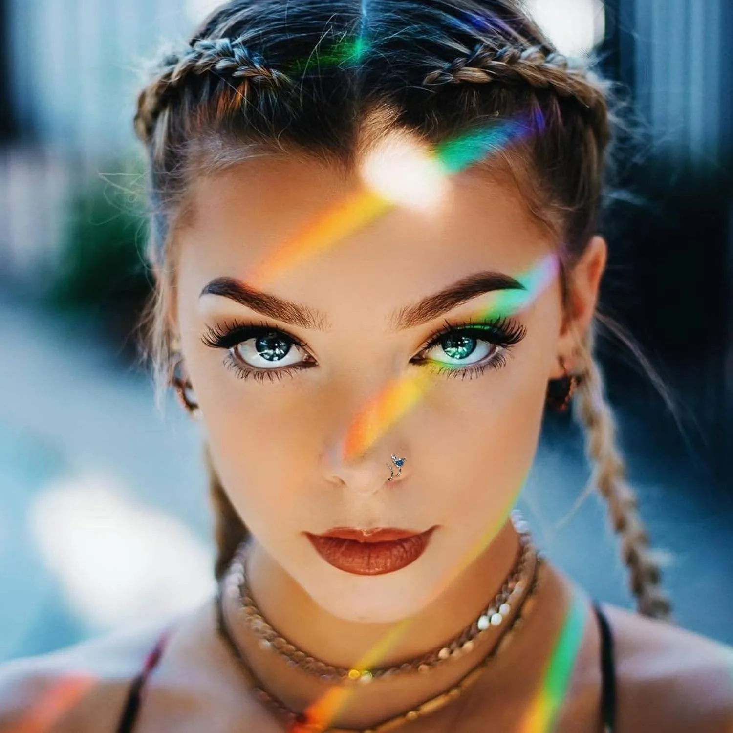 Drperfect 9Pcs Stainless Steel Dangle Double Nose Ring for Single Piercing Dangling Nose Spiral Hoops Double Earrings for Women