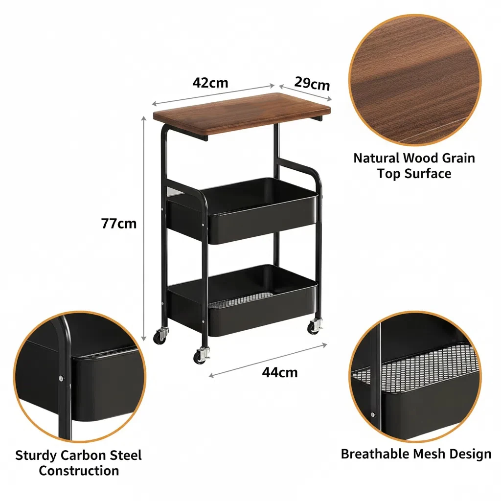 עגלת אחסון מתכתית חזקה עם גלגלי נעילה, מארגן רב-שכבתי למטבח, משרד, חדר אמבטיה וחדר שינה