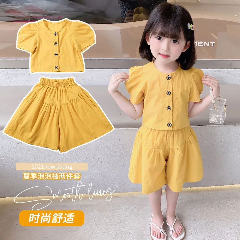 

Girls Suit 2022 Summer New Korean Version Baby Casual Puff Sleeve Suit Two Piece Set Kids Fashion Girl Clothes Outfits