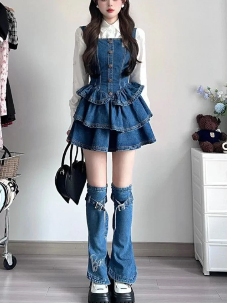 

2023 Autumn Camisole Jean Dress Sleeveless Denim Slim Vintage Y2k Mini Dress Women 3 Piece Dress Set Korean Fashion Clothing