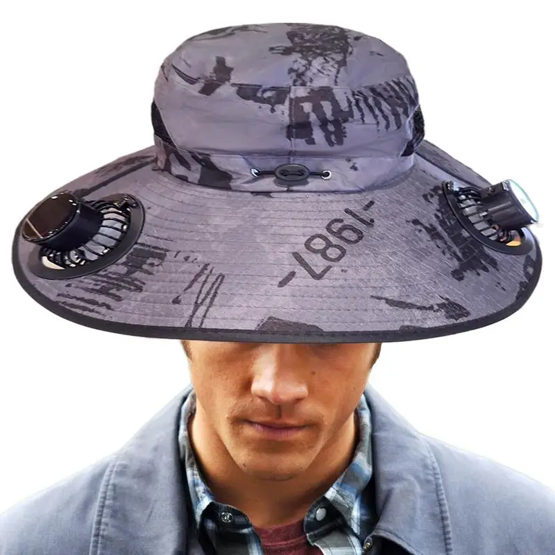 Mens Sun Hat with 2 Fan Summer Cooling Wide Brim Bucket Hat Beach Hat Garden Hat Solar And USB DualPower Supply