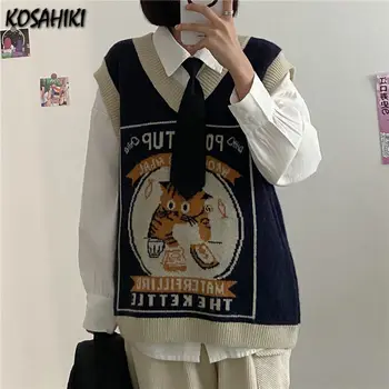 KOSAHIKI Sweater Vest Women Kawaii Cat Waistcoat Streetwear Knitting Chic Fashion College All-match Harajuku Y2k Vests Chandails 1