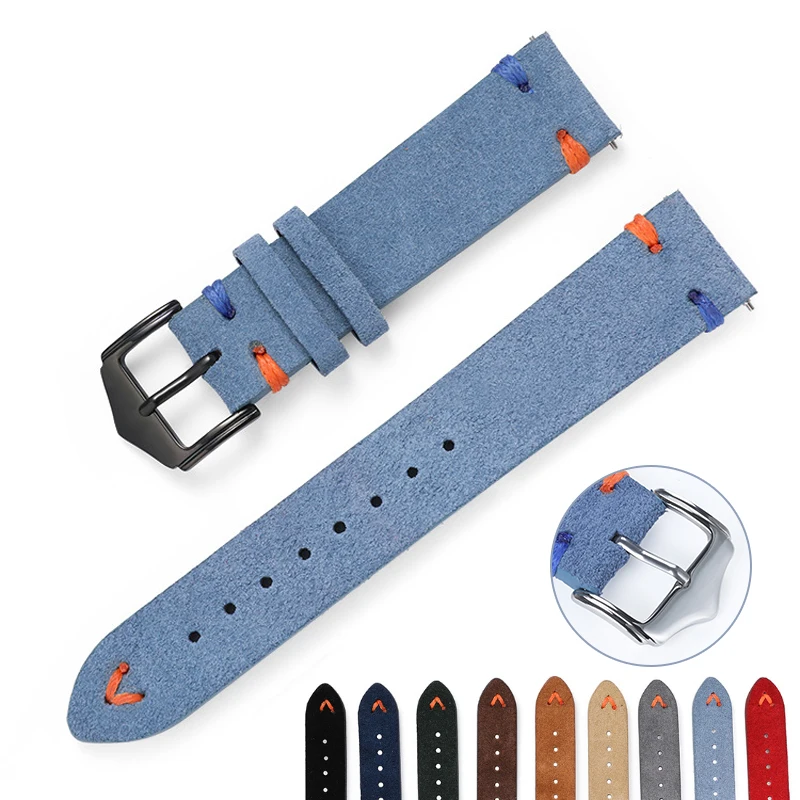18 mm 20 mm 22 mm Vintage-Uhrenarmband aus Wildleder für Seiko für Samsung Watch 5 4 3, handgefertigte Nähte, Schnellverschluss-Armband
