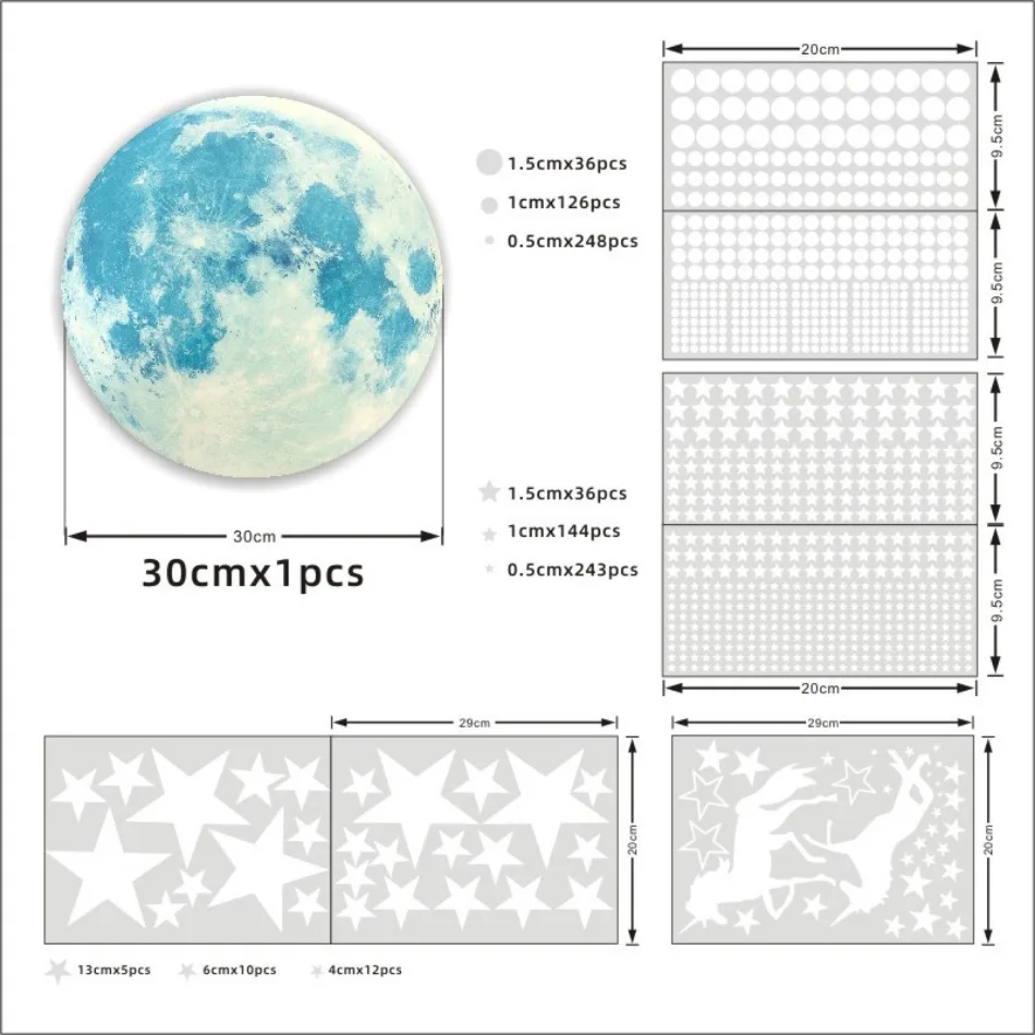 Glow in the Dark Moon Unicorn Star Polka Dot Stickers for Children's Room Bedroom Fluorescent Wall Stickers