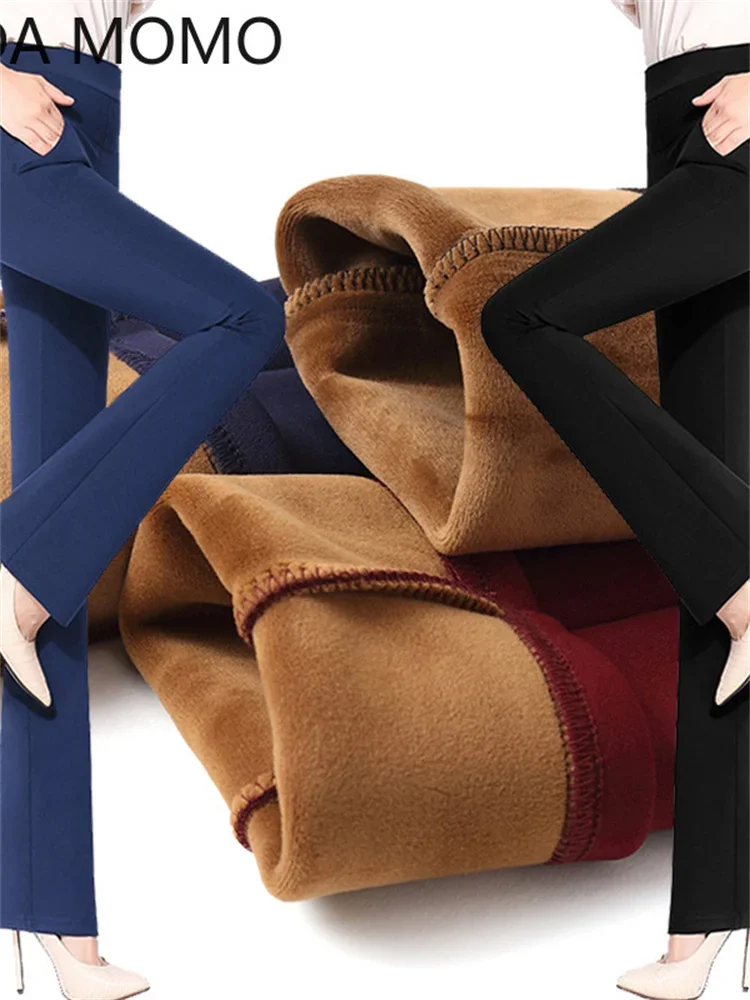 winter warm fleece thick high waist Women\'s wide leg Capris flare pants for women skinny long pants woman trousers