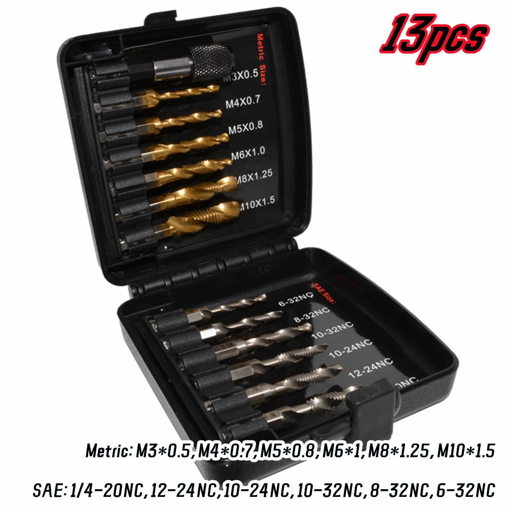 13 Pieces SAE/Metric Combination Drill & Tap Bit Set 3-in-1 Screw Tapping Bit Tool Hex Shank Drill Bits for Drilling