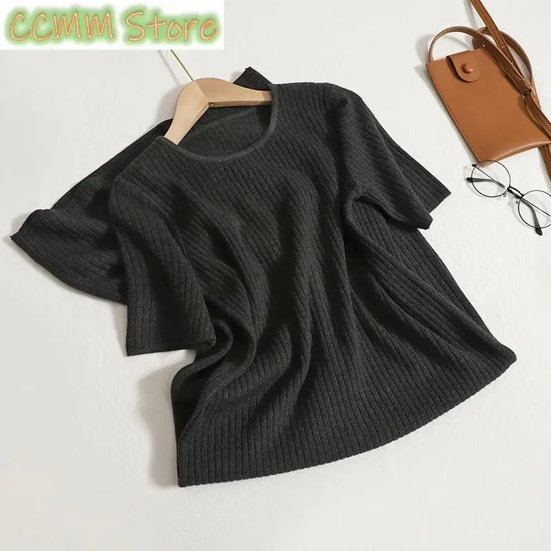 

New Knitted Ribbed Dress for Women Summer Korean Fashion Short Sleeve Dresses Office Ladies O Neck Vintage Dress