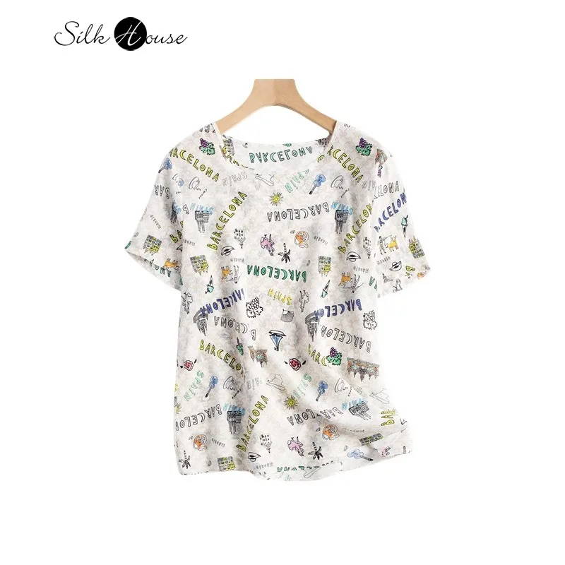 

2024 Women's Summer New 100% Natural Mulberry Silk Crepe De Chine Pattern Loose Straight Short Sleeved Cool Refreshing T-shirt