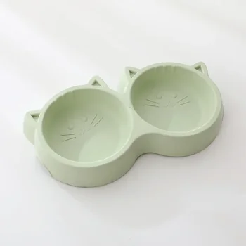 Pet Cat Double Bowl Eco-friendly PP Material Cartoon Cat Face Shape Food Water Feeding Bowl Non-slip Puppy Cat Feeder Supplies 6