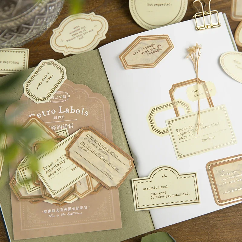 

45Pieces/Pack Stamping stickers package retro minimalist label collage handbook Collection Time decoration 6 choices