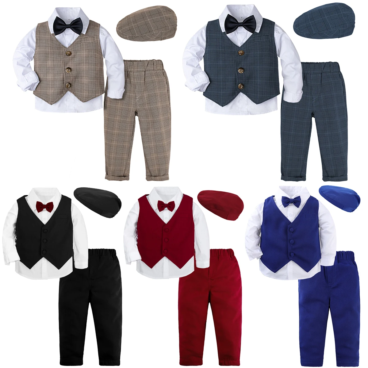 Boy Formal Clothing Set Toddler Baby Wedding Suit Sets Christening Outfit Long Sleeve Shirt Pants Bow Tie with Beret Hat 4 PCS