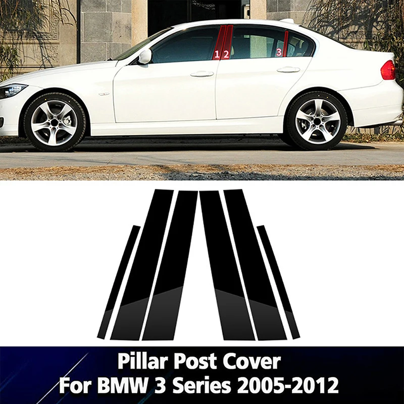 글로스 블랙 창문 기둥 포스트 문짝 사이드 트림 커버 데칼 자동차 스티커, BMW E90 328i 2005-2012 2011 2010 2009 적합, 6 개 세트