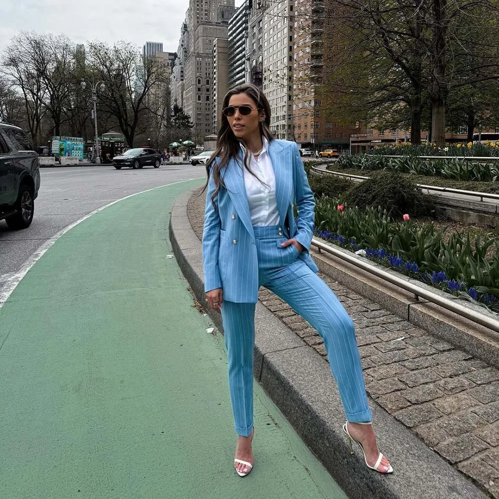 Blue Pinstripe Women Suits Double Breasted Slim Fit 2 Piece Jacket Pants Sets Elegant Female Clothing 2 Piece Jacket Pants Sets 3