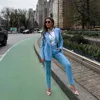 Blue Pinstripe Women Suits Double Breasted Slim Fit 2 Piece Jacket Pants Sets Elegant Female Clothing 2 Piece Jacket Pants Sets 3