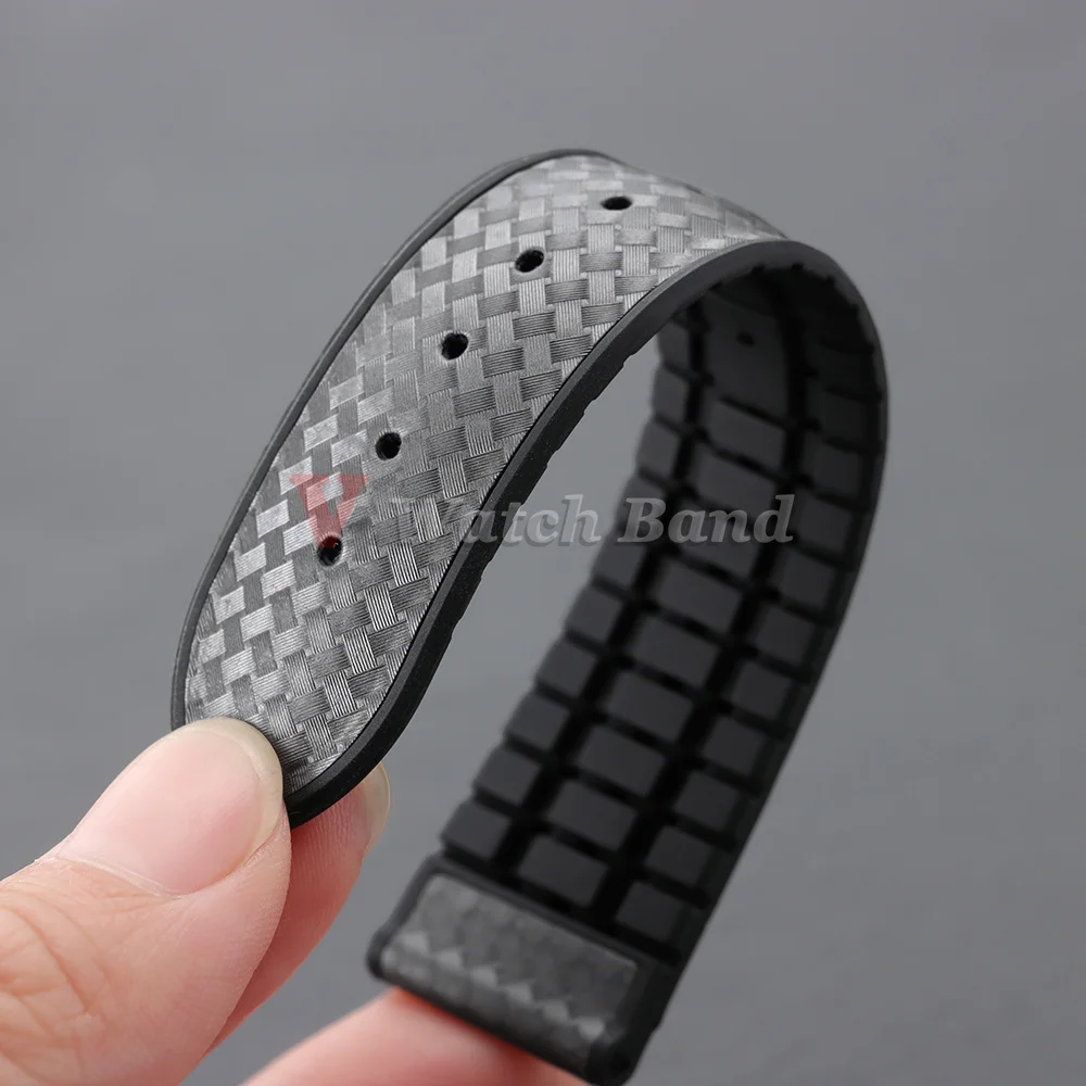 Carbon Fiber Hybrid Waterproof Silicone Watch Strap - Grey, Orange, Blue