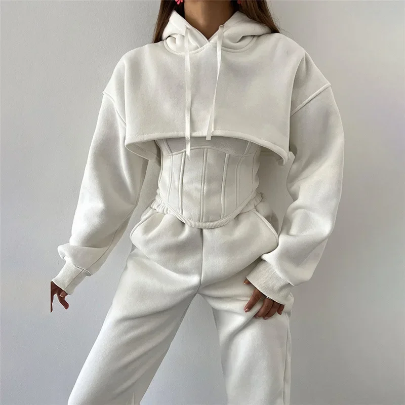 New Lace Up Pants Sets Women Slim Solid Splice Tank Tops Woman Long Sleeve Short Hoodies And Pant Suits Women Outfits Winter