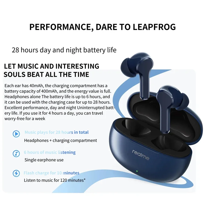 Realme Buds T100 TWS 이어폰, 블루투스 AI 노이즈 캔슬링 무선 헤드폰, HiFI 음질, 28 시간 배터리 헤드셋